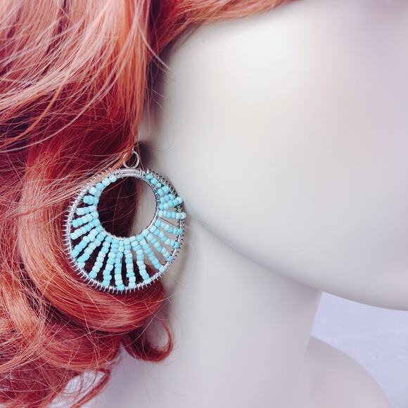 Vintage Boho Seed Bead Hoop Earrings Silver Tone Aqua Turquoise Festival Jewelry - Picture 2 of 9